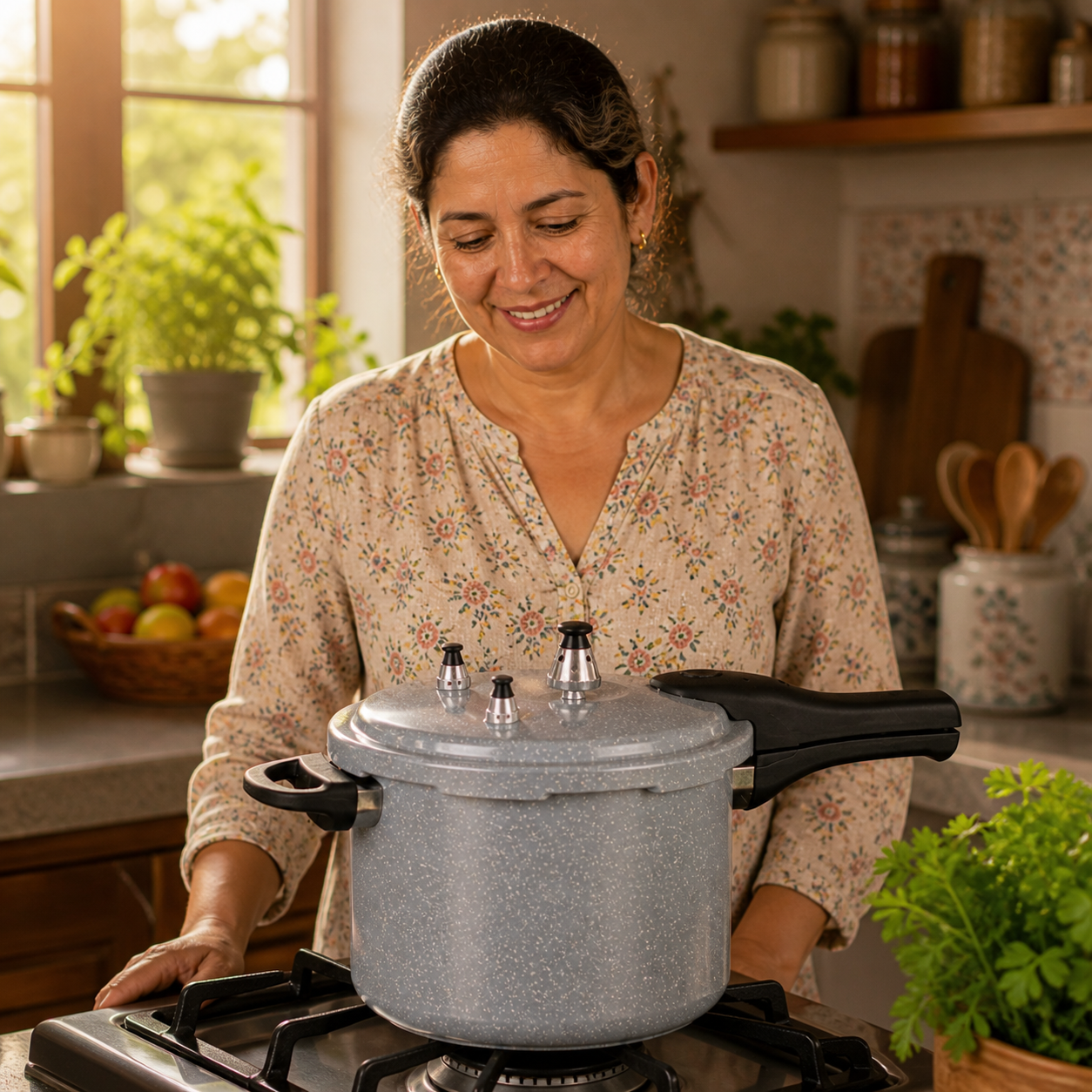 Después: mujer feliz cocinando con la Olla Kalley 6L Esmaltada