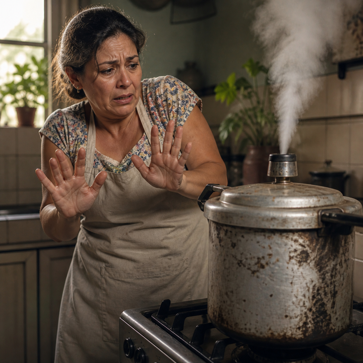 Antes: mujer asustada con olla pitadora vieja humeando
